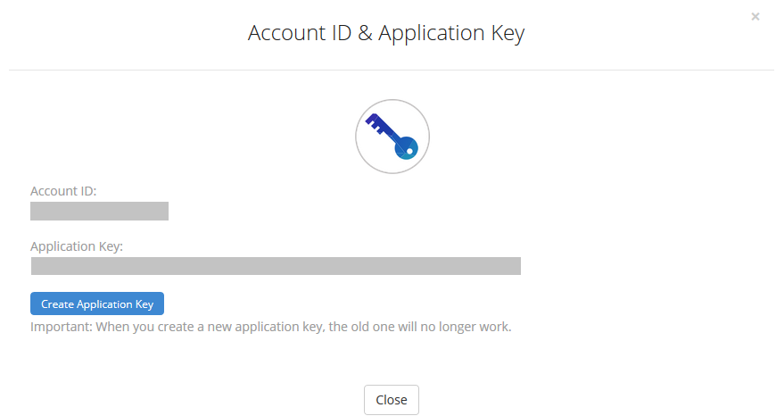 backblaze - Account ID and Application Key