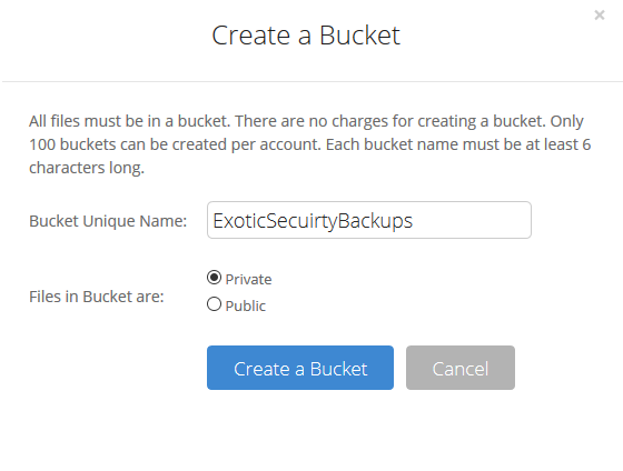 backblaze - Create Bucket