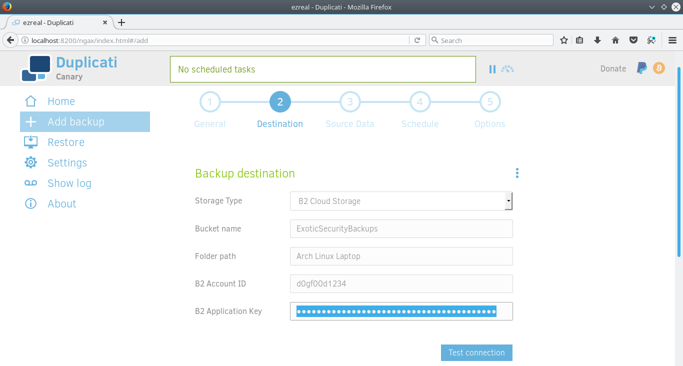 Duplicati Arch Setup Destination