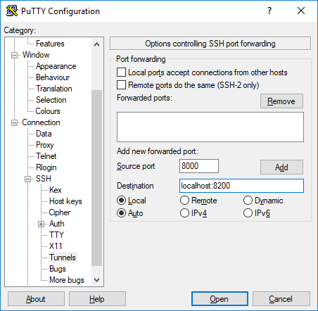 Duplicati Putty Forwarding Ports