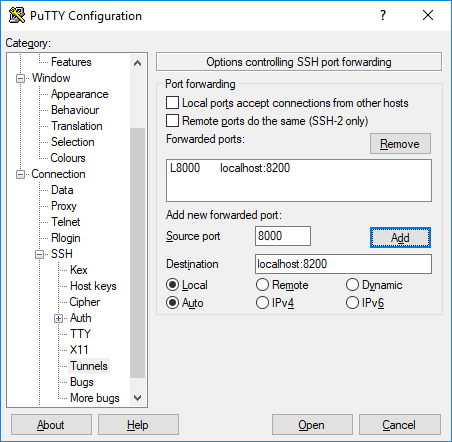 Duplicati Putty Forwarding Ports