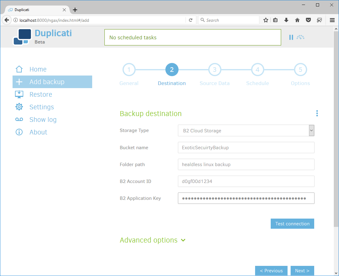 Duplicati Debian Setup Destination