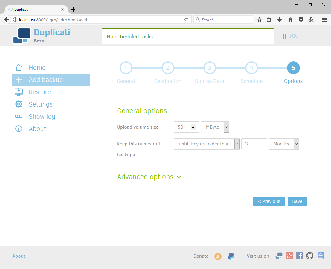 Duplicati Debian Setup Options