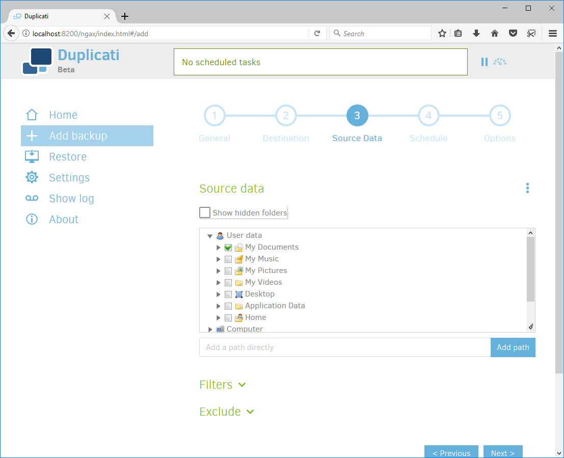 Duplicati Windows Setup Source Data