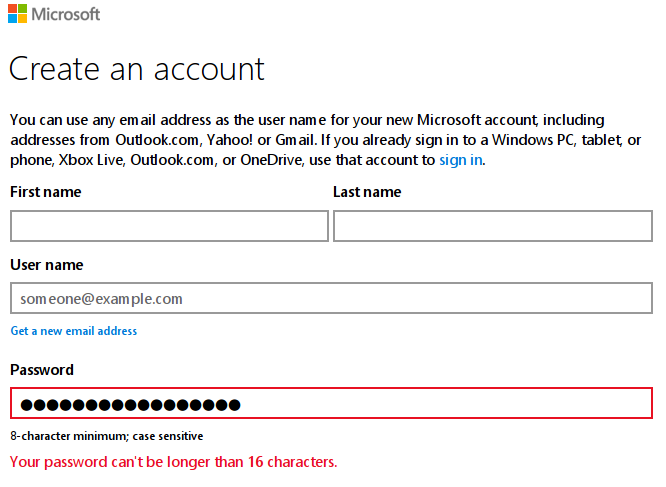 Microsoft Live Account sign up form