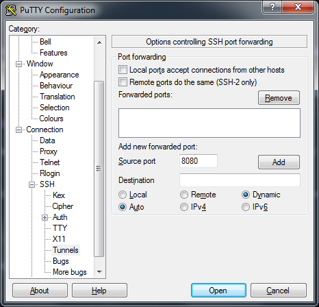 Putty Tunnel Settings